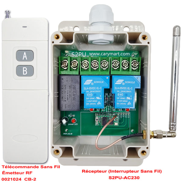 2 Canaux 30A 220V Kit Interrupteur Relais Télécommande Sans Fil 2Km (Modèle: 0020341)